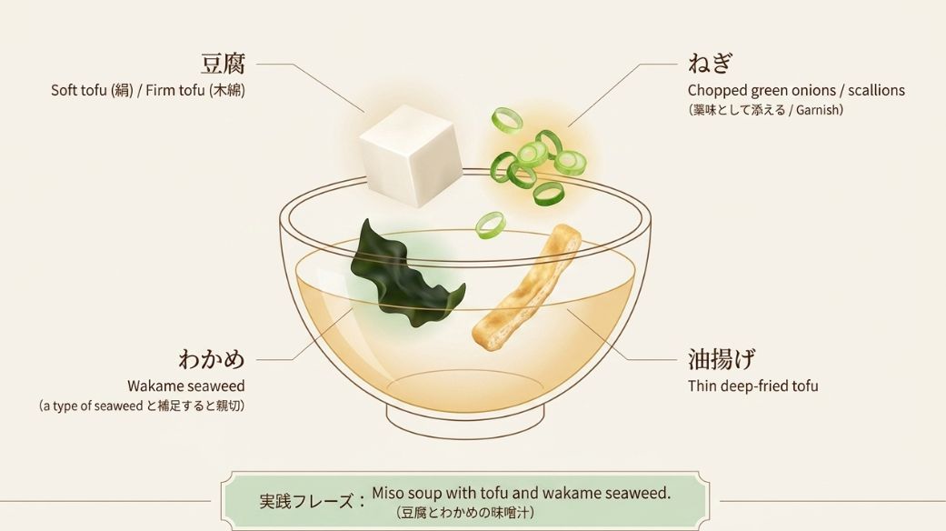豆腐（Tofu）、わかめ（Wakame seaweed）、ねぎ（Green onions）、油揚げ（Deep-fried tofu）のイラストと、それぞれの英語名・説明フレーズが記載されたスライド