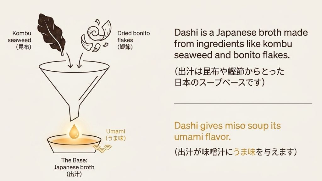 昆布や鰹節から作られる日本のスープベース（出汁）の紹介と、それが味噌汁に「うま味（Umami）」を与えることを説明する英語スライド