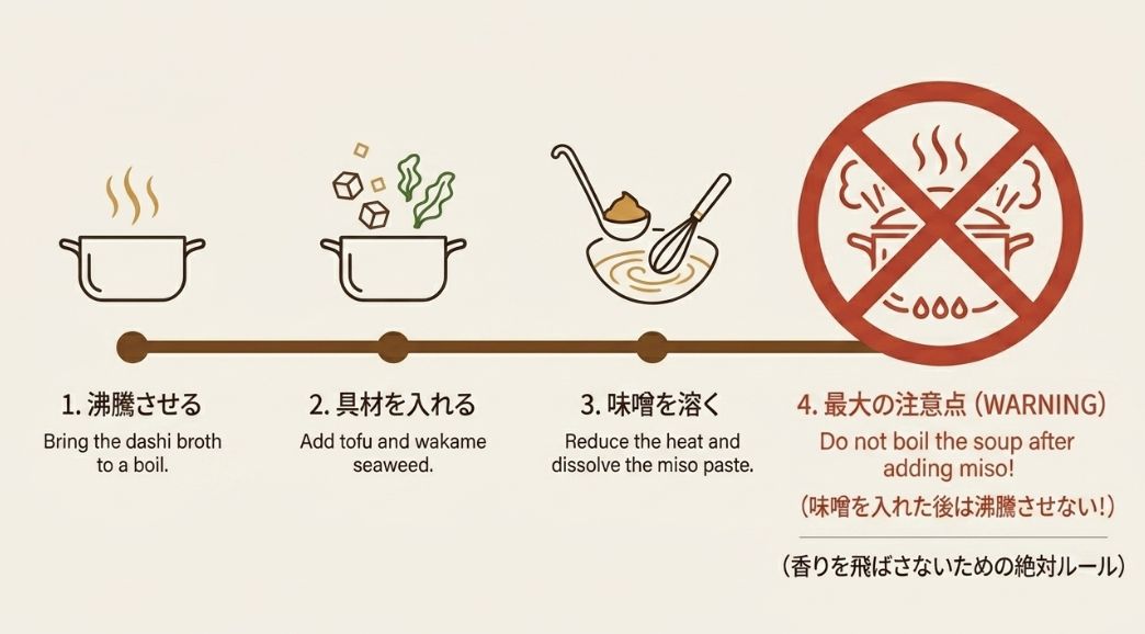 出汁を沸騰させ、具材を入れ、火を弱めて味噌を溶く4つのステップと、香りを逃さないために「味噌を入れた後は沸騰させない」という重要ルールを記した英語スライド