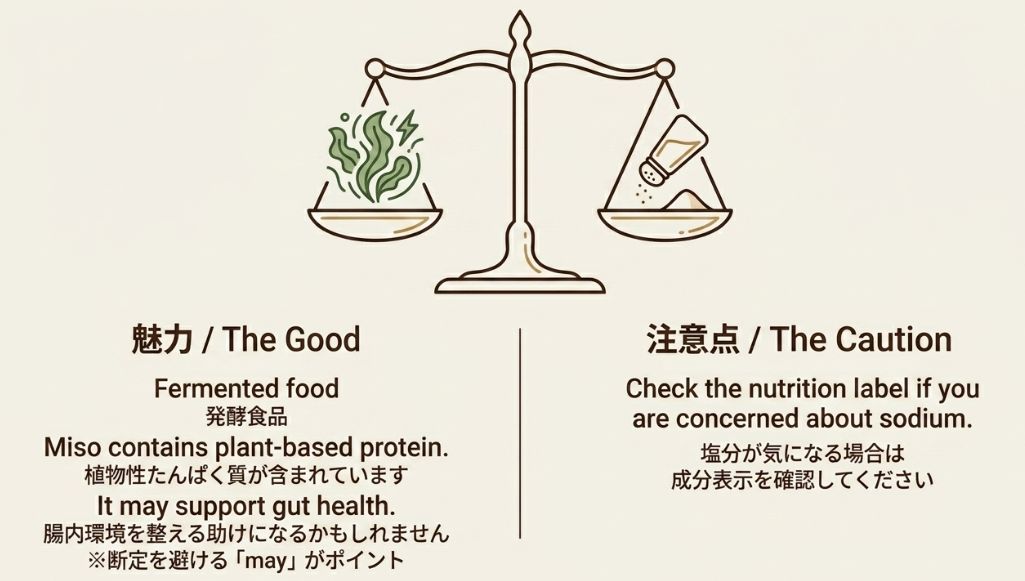 発酵食品や植物性タンパク質としてのメリットと、塩分（sodium）が気になる場合の確認方法を、「may support」などの控えめな表現を用いて解説する英語スライド