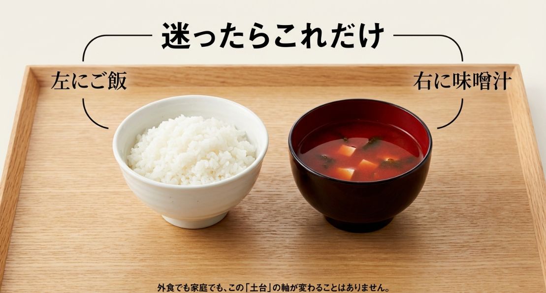 お盆の上に左側にご飯、右側に味噌汁が置かれた基本の配膳図。「外食でも家庭でも変わらない土台」という説明付き。