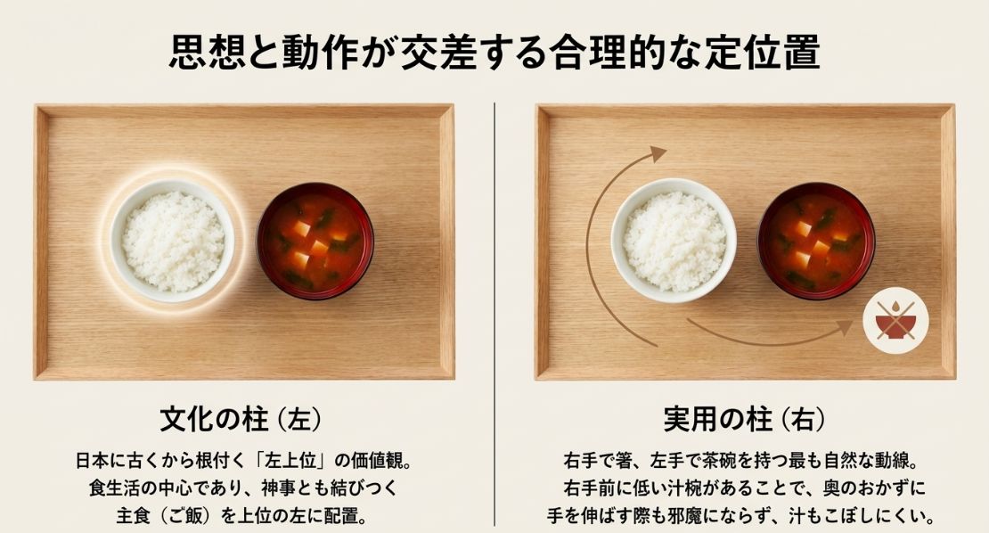 「左上位」という日本古来の文化的価値観と、右手で箸を持ち左手で茶碗を持つという実用的な動線の2つの側面から配膳位置の理由を説明する図解。
