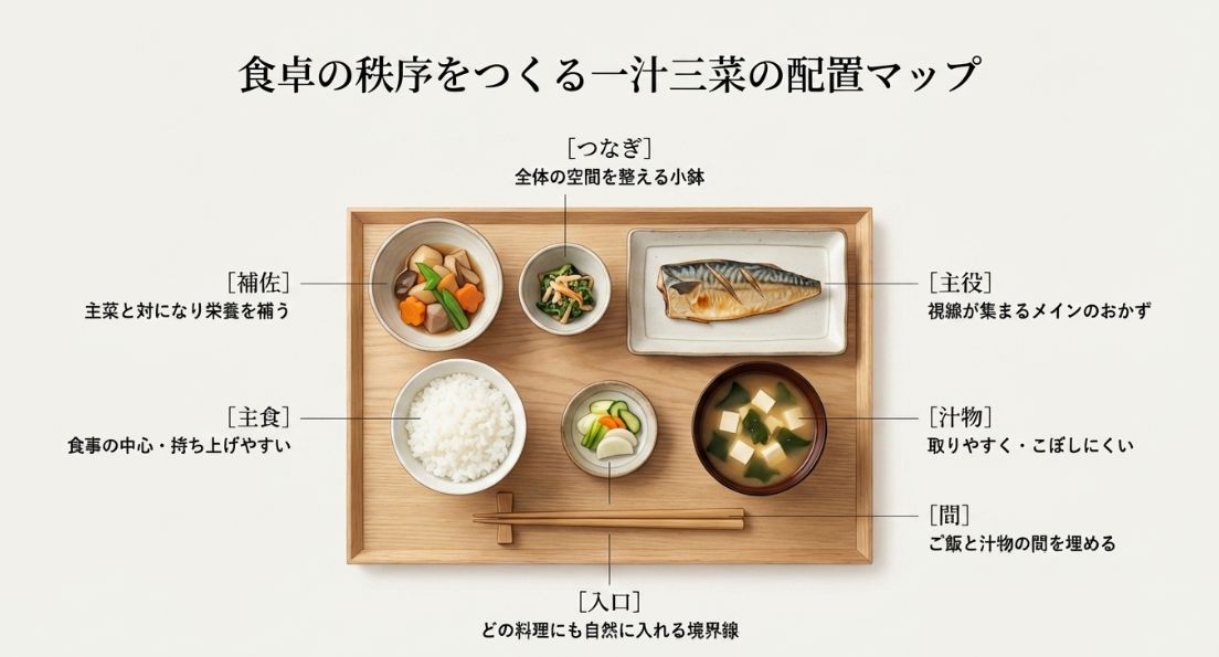 ご飯、汁物、主菜、副菜、副々菜、箸、香の物の配置場所を示したマップ。それぞれの役割（主役、入口、つなぎ等）が解説されている。