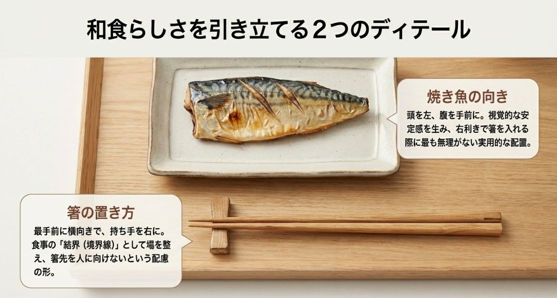箸は手前に横向きで持ち手を右にすること、焼き魚は頭を左・腹を手前にすることを説明した詳細図。