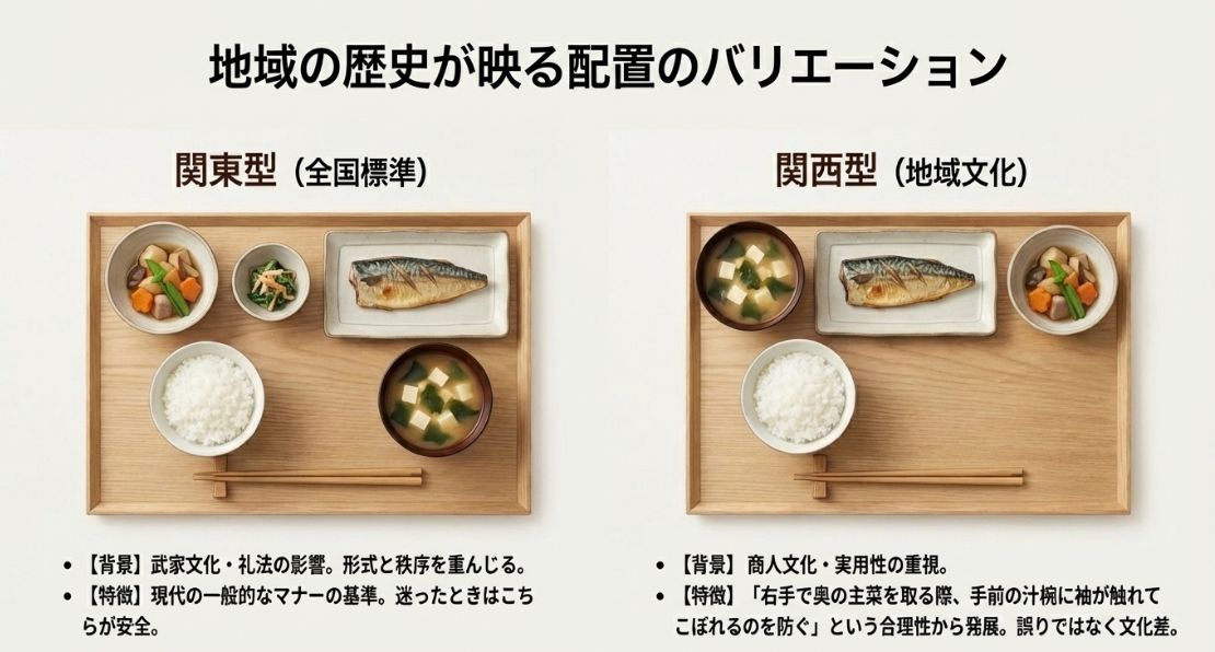 右手前に味噌汁を置く関東型（全国標準）と、左奥または右奥に味噌汁を置く関西型の写真比較。それぞれの背景となる武家文化と商人文化の違いを解説。