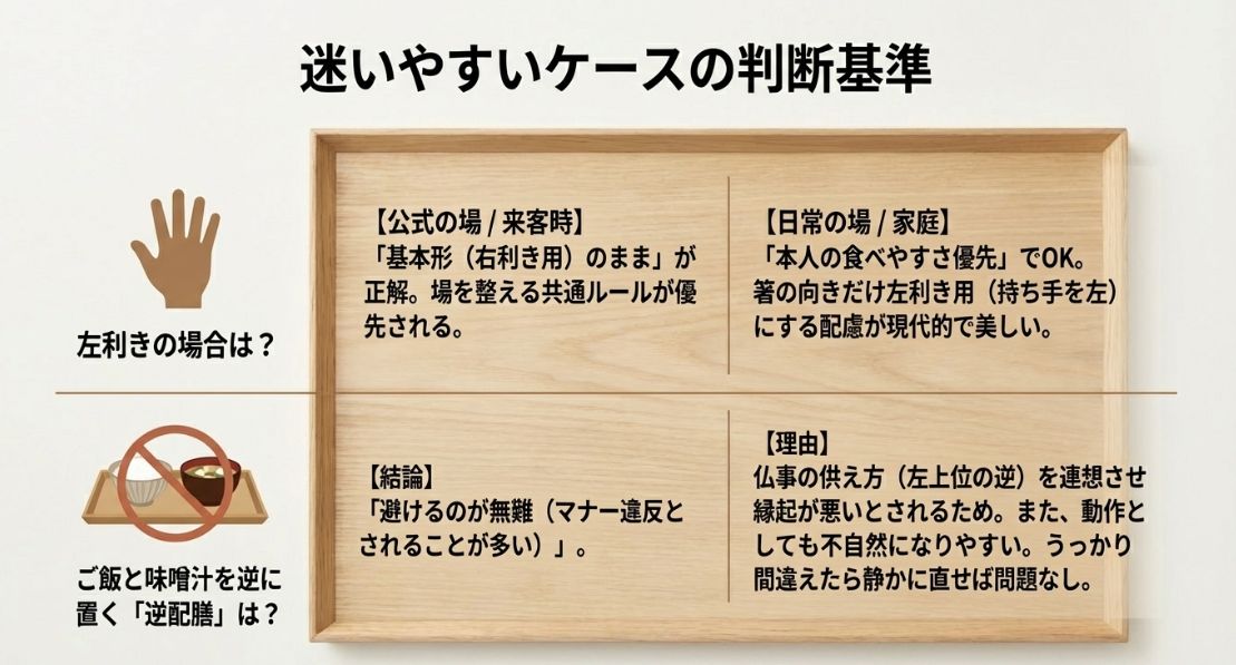 左利きの公式・日常での対応分けと、仏事を連想させる「逆配膳」を避けるべき理由（縁起）を説明したスライド。