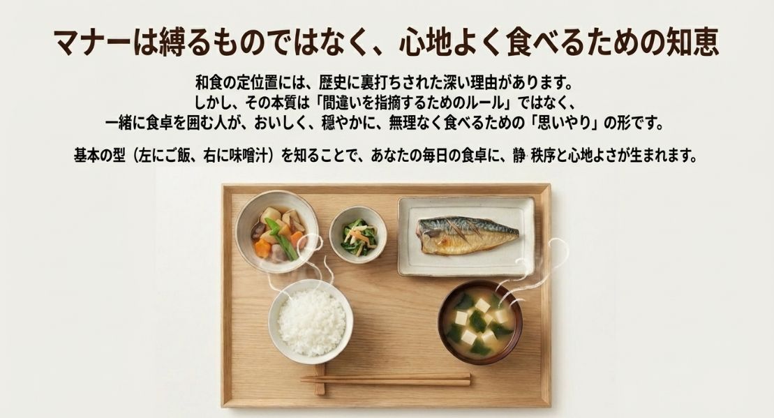 湯気の立つ和食の配膳写真とともに「マナーは縛るものではなく、心地よく食べるための知恵」というメッセージが添えられたまとめのスライド。