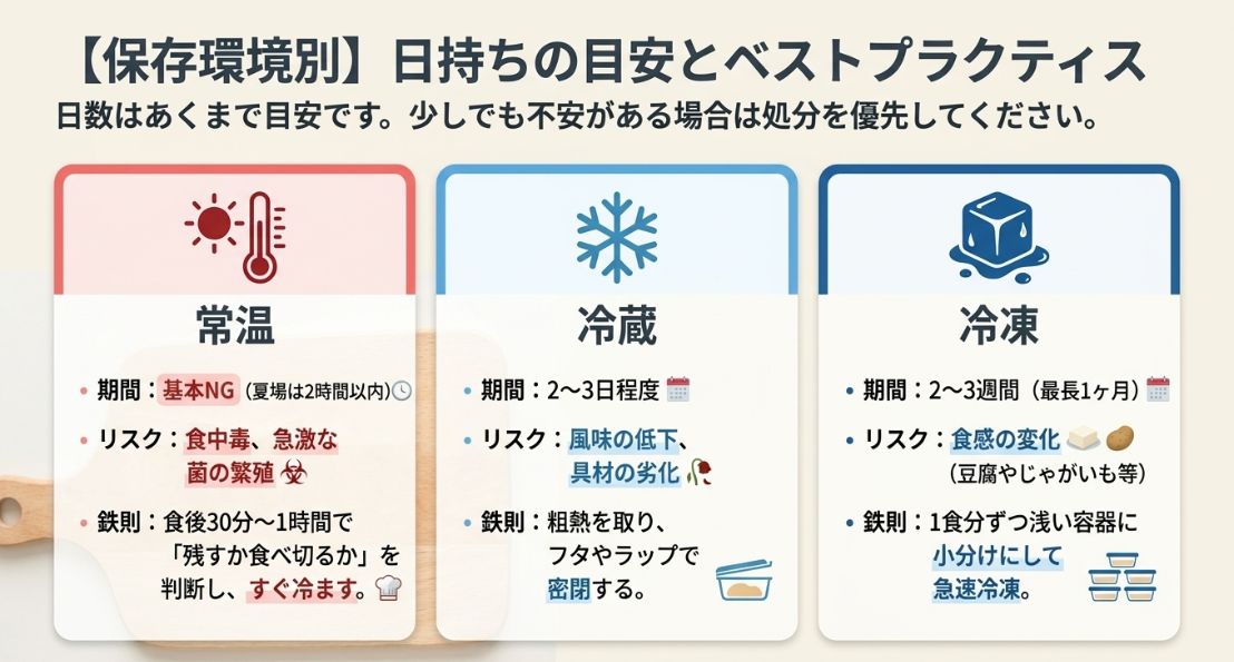 常温（基本NG）、冷蔵（2〜3日）、冷凍（2〜3週間）の保存期間と、それぞれの保存時のリスクや鉄則をまとめた比較表。 
