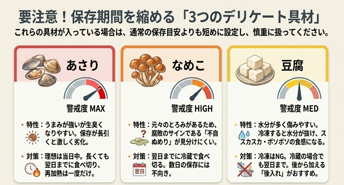 あさり（生臭くなりやすい）、なめこ（腐敗が見分けにくい）、豆腐（水分が多く冷凍NG）の3つの具材について、それぞれの特性と対策をまとめた図。