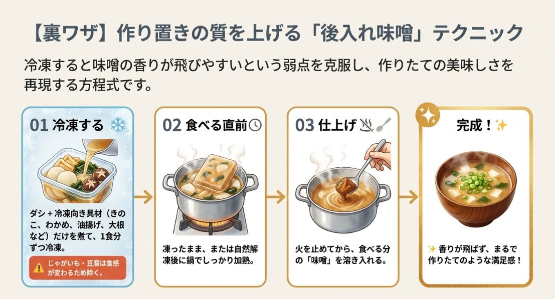 だしと具材だけで冷凍し、食べる直前に加熱してから味噌を溶き入れることで、香りを損なわずに美味しく食べる手順の解説。