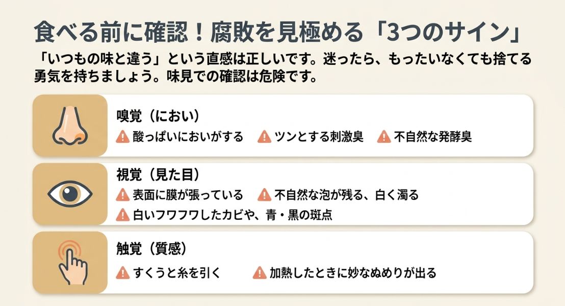 酸っぱいにおいや刺激臭、表面の膜やカビ、糸を引くようなぬめりなど、味噌汁が腐っていることを示す具体的なサインをまとめたリスト。 