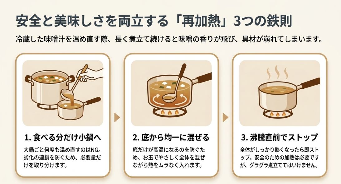 食べる分だけ取り分ける、底から均一に混ぜる、沸騰直前で加熱を止めるといった、劣化を防ぎつつ安全に温め直すためのポイント。
