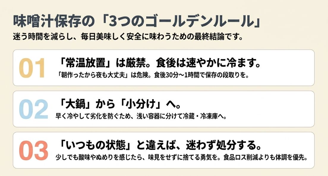「常温放置は厳禁」「大鍋から小分けへ」「違和感があれば処分」という、味噌汁を安全に味わうための3つの重要ルール。