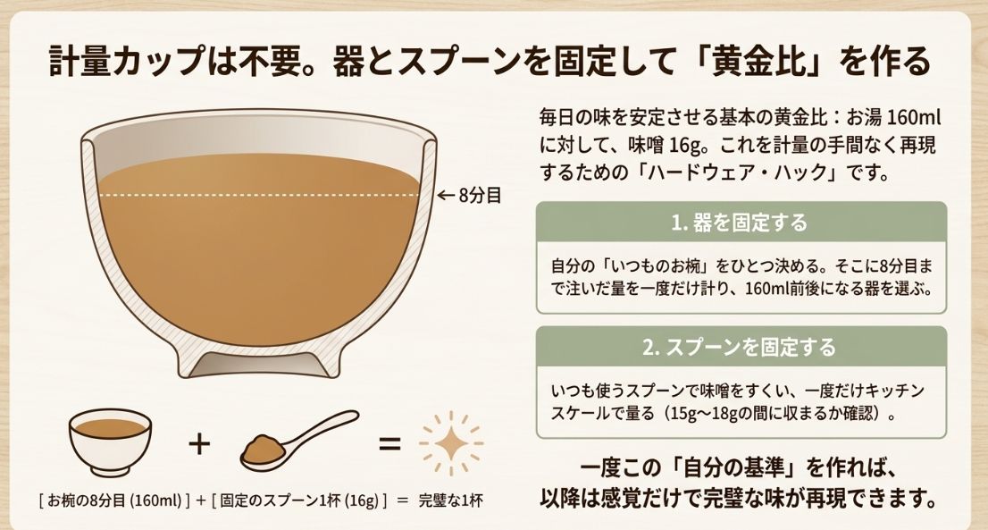 お椀の8分目（160ml）と固定のスプーン1杯（16g）を基準にすることで、計量不要で味を安定させる仕組みのイラスト。