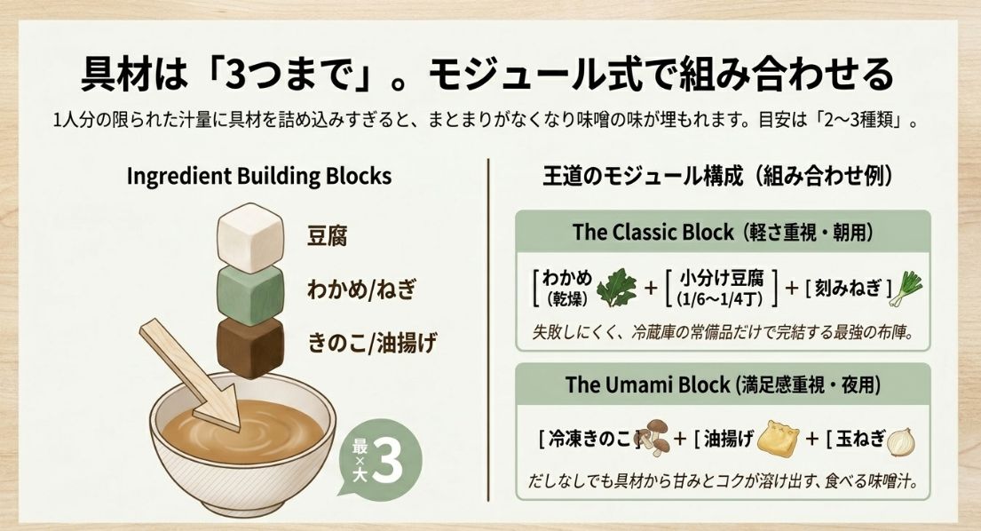 1人分の味噌汁に最適な具材の数を3つまでとし、豆腐やわかめ、きのこなどを組み合わせる「王道のモジュール構成」の図解。