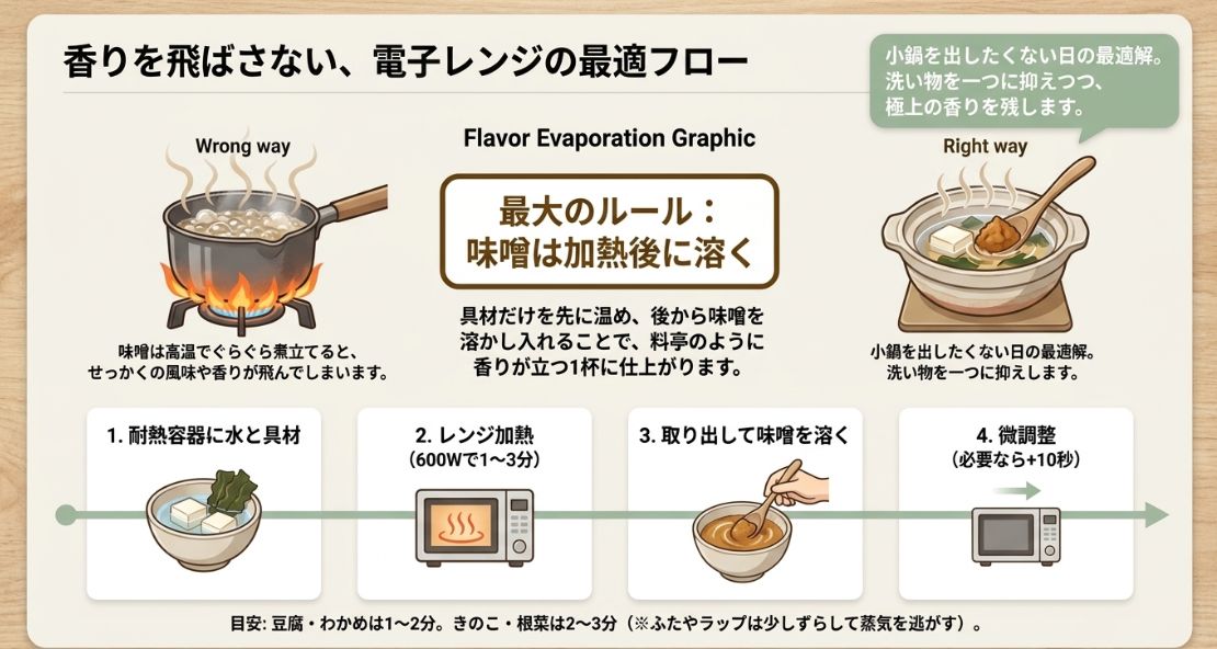 味噌を煮立てず、加熱した後に溶かし入れる「Right way」の手順と、加熱時間の目安を解説した図解。