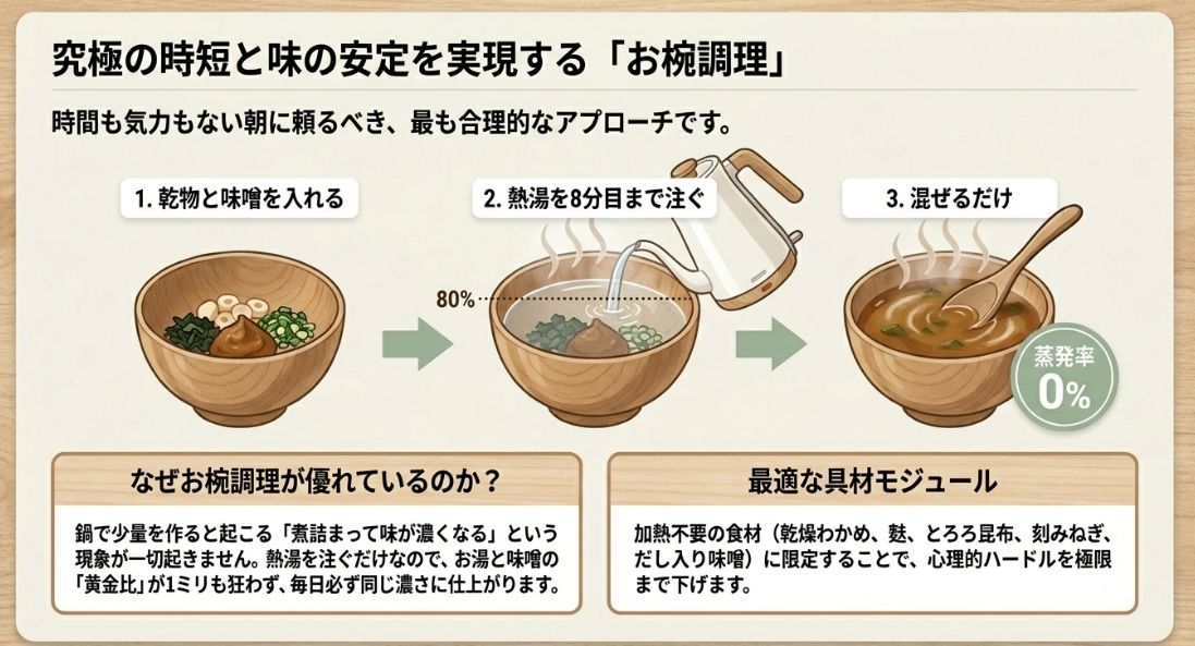 お椀に直接熱湯を注ぐことで蒸発による味の濃縮を防ぎ、黄金比を維持するお椀調理のメリットを説明するイラスト。