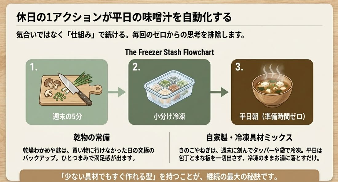 週末に具材を刻んで小分け冷凍しておくことで、平日の朝に包丁を使わず味噌汁を作る仕組みのフローチャート。