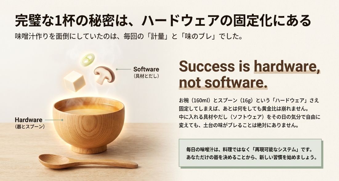 器とスプーン（ハードウェア）を固定すれば、具材（ソフトウェア）を自由に変えても味がブレないという、このシステムの核心を表現したイメージ画像。