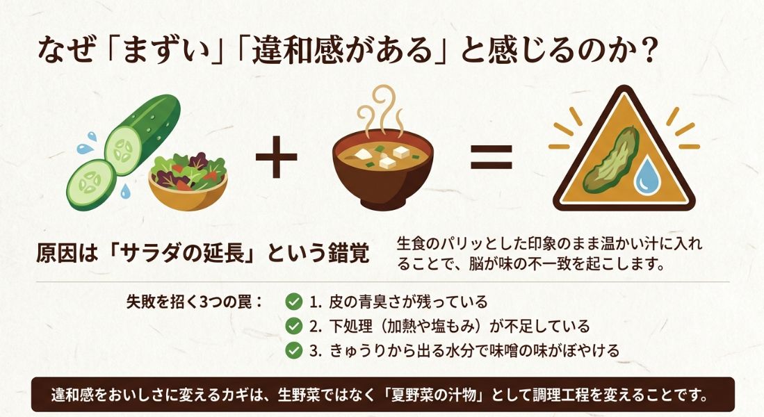 生食の「サラダの延長」という錯覚が味の不一致を起こす説明と、皮の青臭さ・下処理不足・水分の3つの罠をまとめた図解