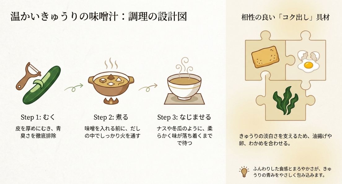 皮を厚くむく・だしで煮る・なじませるの3ステップと、油揚げ・卵・わかめの組み合わせを紹介するイラスト
