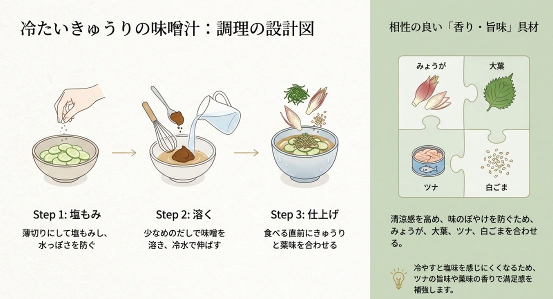 塩もみ・味噌を溶く・仕上げに合わせるの3ステップと、みょうが・大葉・ツナ・白ごまの組み合わせを紹介するイラスト