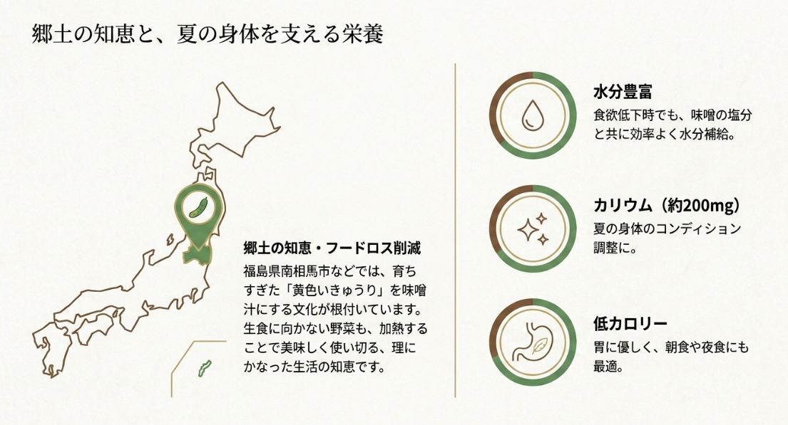 黄色いきゅうりを活用する福島県の食文化と、水分補給・カリウム・低カロリーなどの栄養面を説明するイラスト 