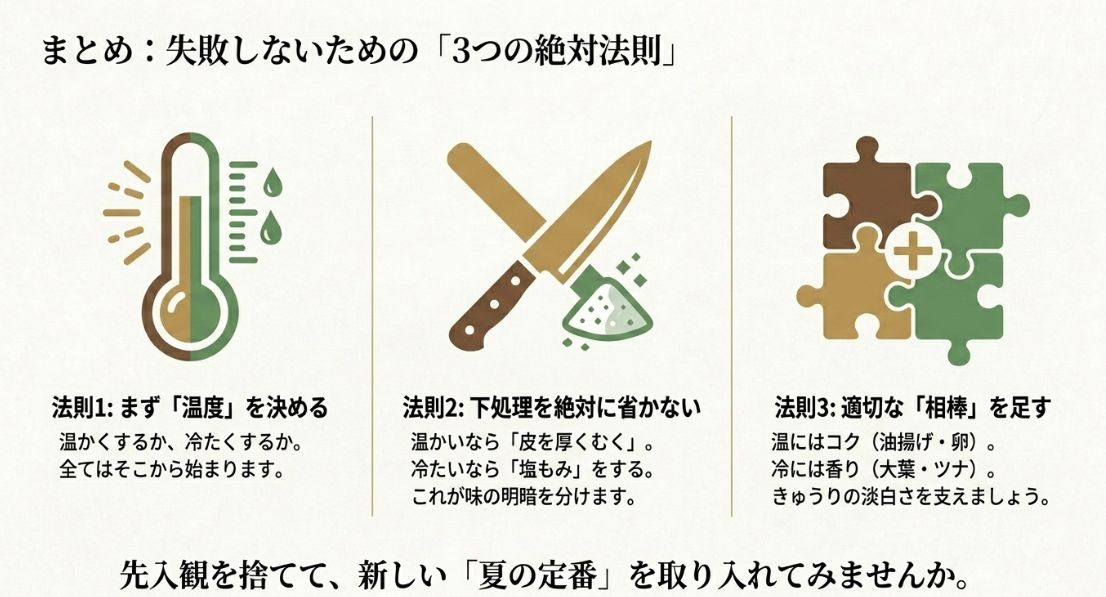 温度を決める・下処理を省かない・適切な相棒を足す、という3つのポイントをパズル形式でまとめた図解