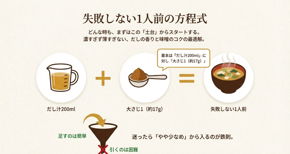だし汁200mlに対し味噌大さじ1（約17g）が失敗しない1人前の黄金比であること、足すのは簡単だが引くのは困難なので「やや少なめ」から始めるのが鉄則であることを示す図解。