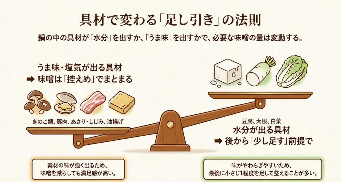 天秤の図解。左側に「うま味・塩気が出る具材（きのこ、豚肉、貝類など）」は味噌控えめ、右側に「水分が出る具材（豆腐、大根、白菜など）」は後から少し足す前提で調整することを示すイラスト。