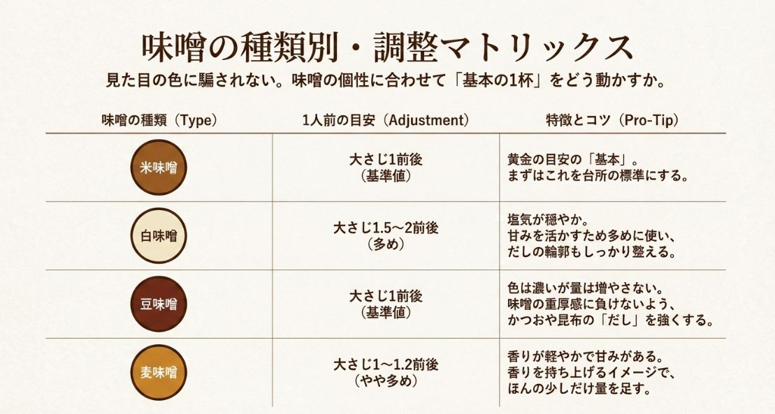 米味噌（基準）、白味噌（多め）、豆味噌（だしを強く）、麦味噌（やや多め）といった、味噌の種類ごとの分量目安とコツをまとめた表。