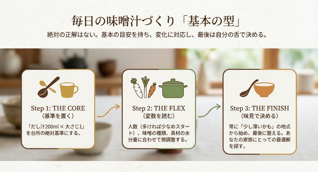味噌汁づくりのまとめ。ステップ1：基準を置く（200ml×大さじ1）、ステップ2：変数を読む（人数・種類・具材）、ステップ3：味見で決める、の3つの流れ。