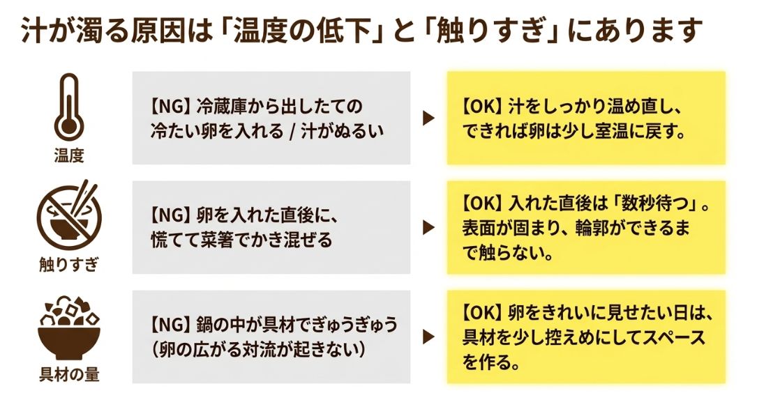 汁の温度、触りすぎ、具材の量の3点について、濁らせないためのOK・NG例を比較したイラスト解説