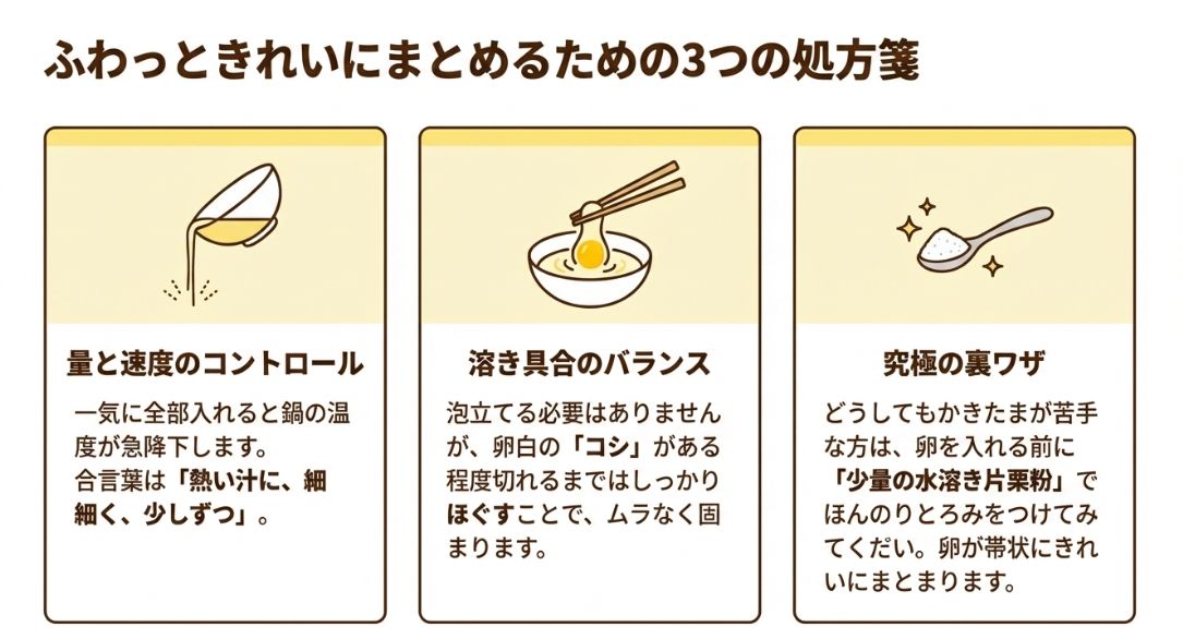 卵を細く少しずつ入れるコントロール、溶き具合のバランス、水溶き片栗粉を使う裏ワザの解説