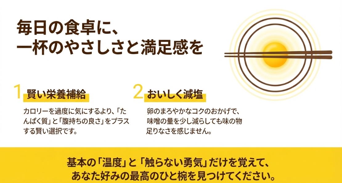 たんぱく質補給と、まろやかなコクによる減塩効果を伝え、自分好みのひと椀を勧めるまとめスライド