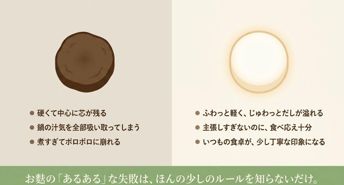 芯が残る、汁を吸いすぎる、崩れるといった失敗例と、ふわっと軽くだしが溢れる成功例の比較。