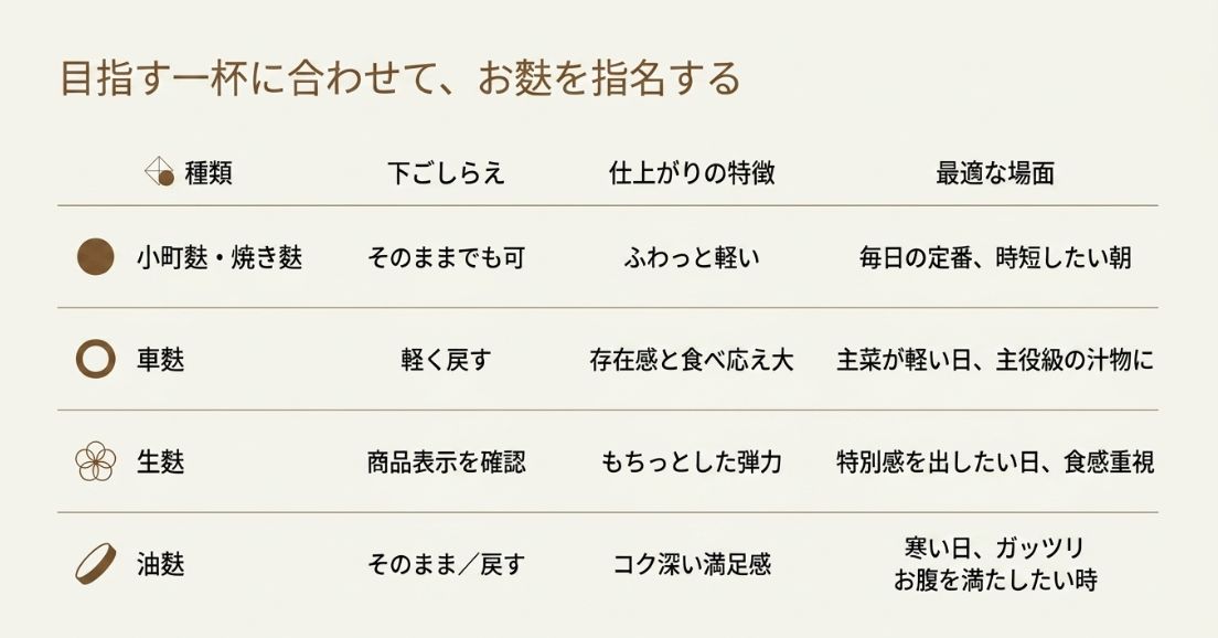 小町麩、車麩、生麩、油麩のそれぞれの下ごしらえ、食感、最適な場面をまとめた比較表。