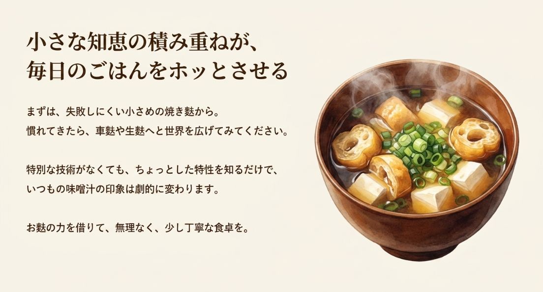 お麩と豆腐が入った味噌汁の完成イラストと、日常の食卓を少し丁寧にするためのメッセージ。