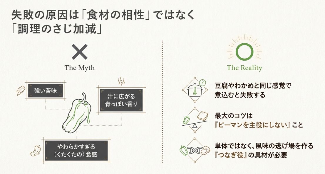失敗の原因は食材の相性ではなく調理のさじ加減であること、ピーマンを主役にせず「つなぎ役」の具材が必要であることを説明するスライド。