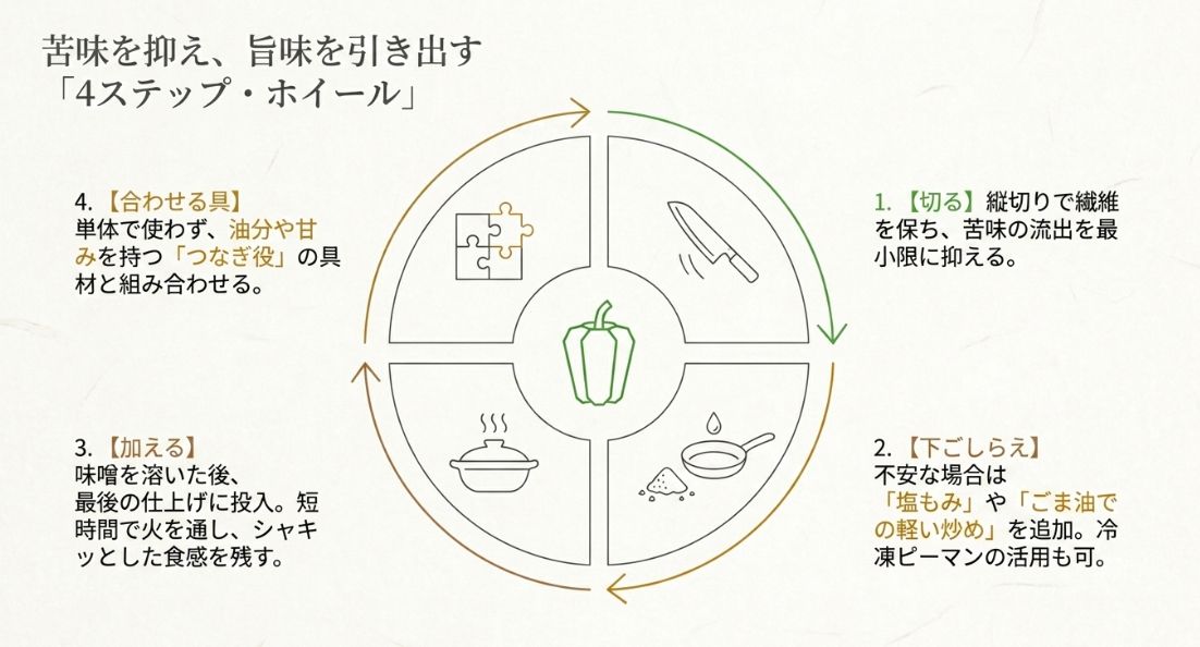 1.切る、2.下ごしらえ、3.加える、4.合わせる具材、の4つの工程をサイクル図で示したスライド。