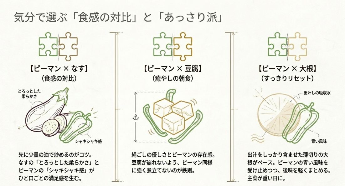 なすのトロッとした柔らかさとピーマンのシャキシャキ感の対比、豆腐や大根がピーマンの青い風味を受け止める様子を示したイラスト。