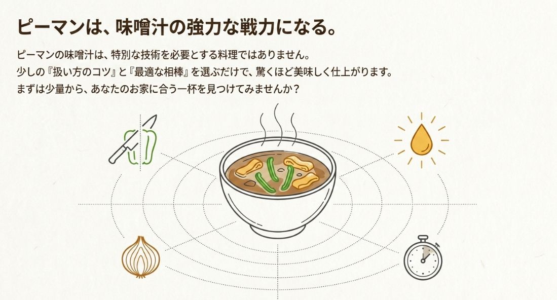 ピーマンと油揚げの味噌汁の完成イラストとともに、少しのコツで驚くほど美味しくなることを伝える締めくくりの画像。