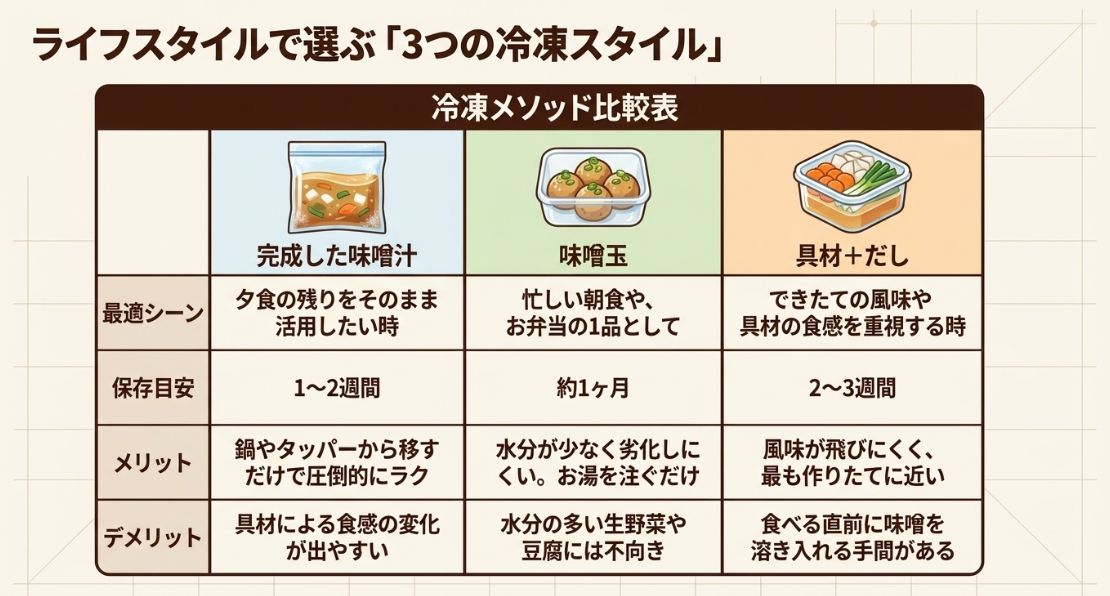 「完成した味噌汁」「味噌玉」「具材＋だし」の3つの冷凍方法について、最適シーン、保存目安、メリット・デメリットを比較した一覧表。