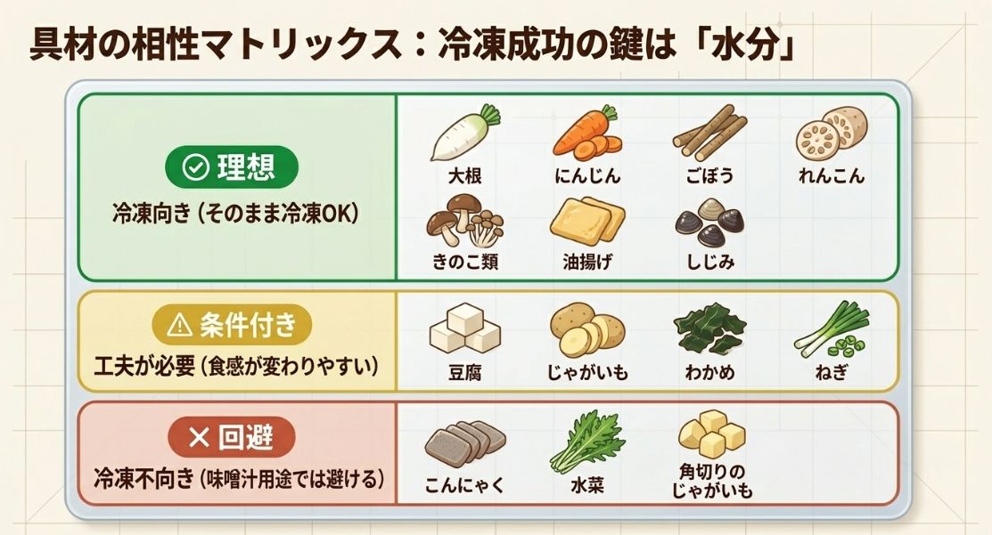 根菜やきのこなど「冷凍向き」、豆腐やじゃがいもなど「条件付き」、こんにゃくや水菜など「回避」に分けた具材の相性表。