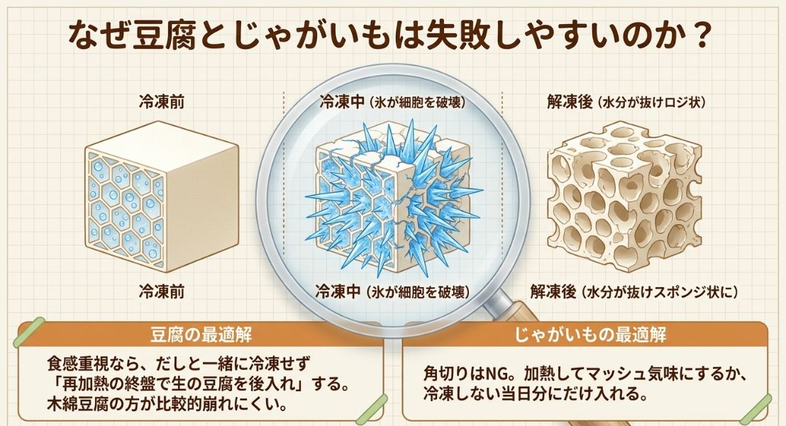冷凍中に氷が細胞を破壊し、解凍後に水分が抜けてスカスカのスポンジ状やロジ状になる豆腐とじゃがいもの細胞変化を示す図解。