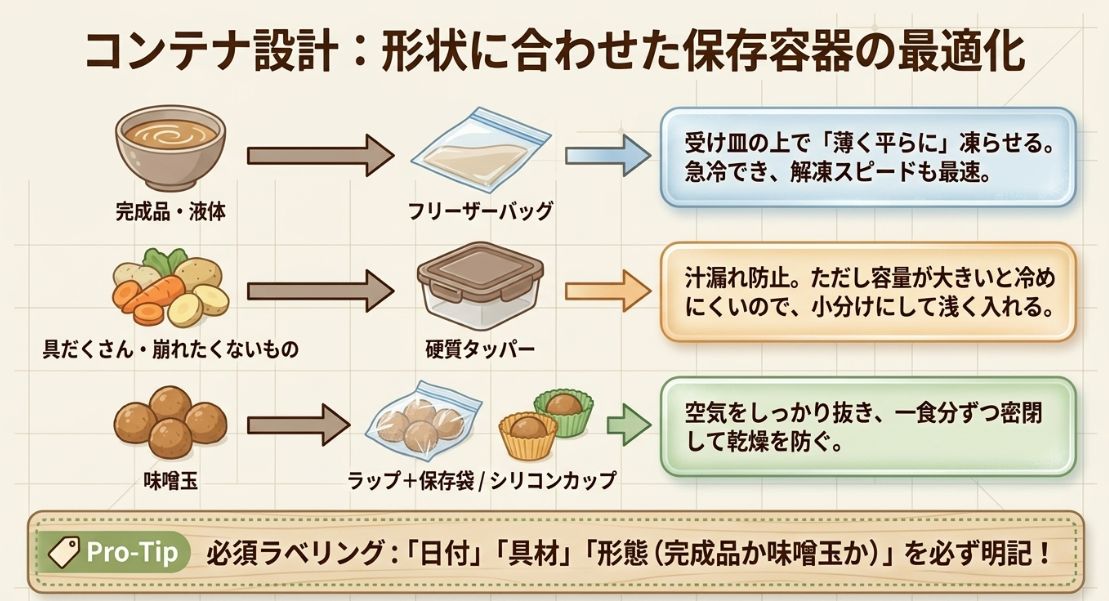 完成品にはフリーザーバッグ、具だくさんには硬質タッパー、味噌玉にはラップ＋保存袋といった、冷凍スタイルに適した容器の選び方を説明する図。