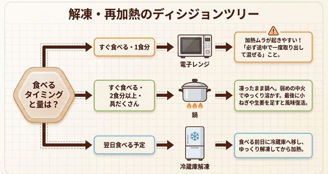食べるタイミングと量に合わせて、電子レンジ、鍋、冷蔵庫解凍のどれを選ぶべきかを示すフローチャート。