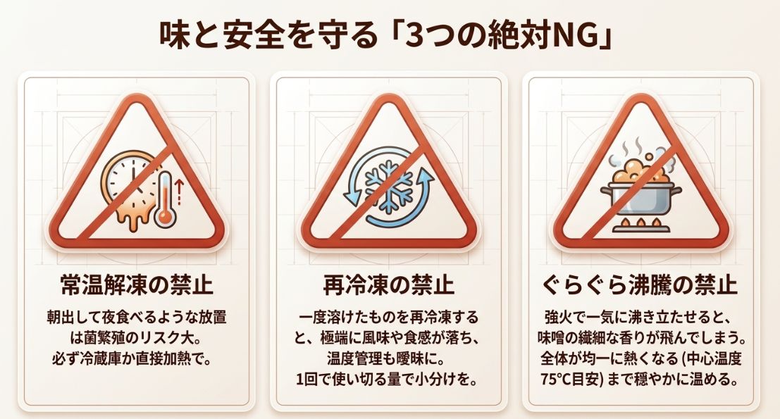 常温解凍、再冷凍、ぐらぐら沸騰の3つの禁止事項をアイコンで示した警告図。