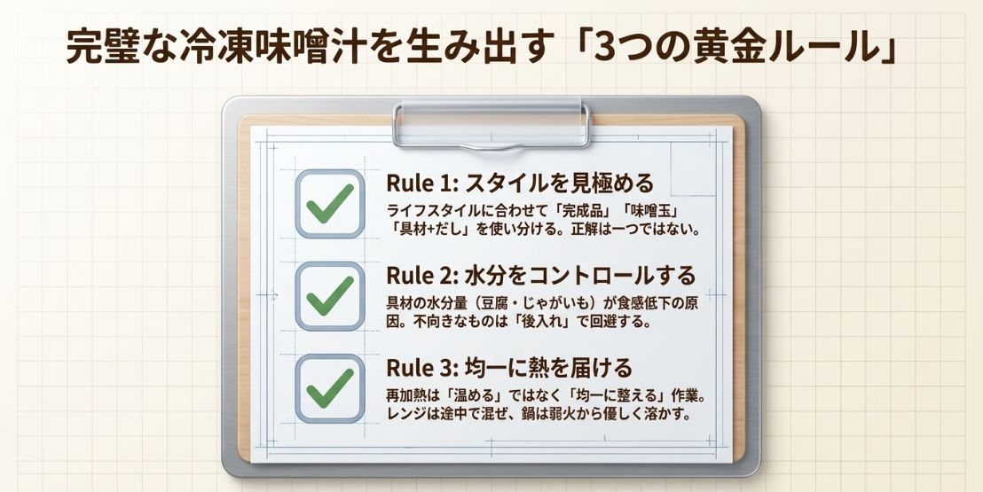ライフスタイルに合わせたスタイル選び、具材の水分コントロール、均一な熱伝導の3つのポイントをまとめた最終確認用スライド。