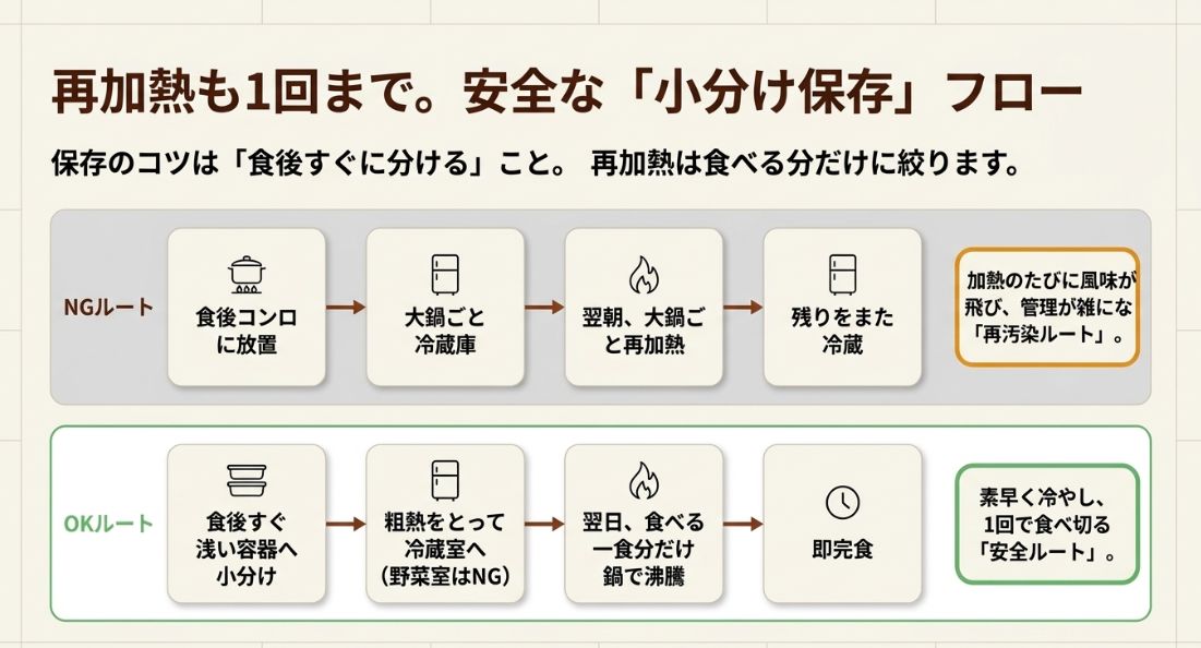 大鍋ごと冷蔵して何度も温め直す「再汚染ルート」と、食後すぐ小分けして1回で食べ切る「安全ルート」を比較したフローチャート。